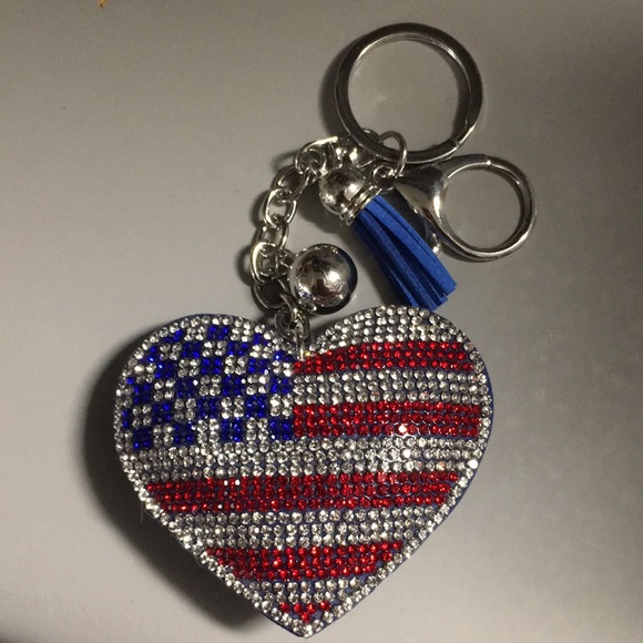 Sparkle front “soft” blue flannel back American Flag keychain heart shaped - Picture 4 of 4